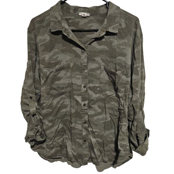 Ana Camouflage Button Up Shirt Womens Size XXL Green Camo Roll Tab Sleeve Top - Picture 1 of 4